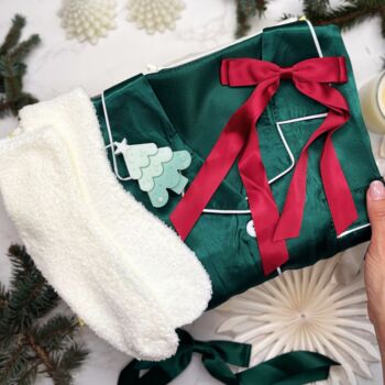 Luxury Christmas Pyjama Gift Set For Her – Festive Green Satin Pjs, Candle, Socks And Hair Bow, 8 of 9