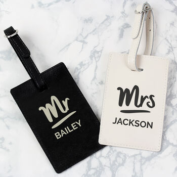 Personalised Mr And Mrs Leather Luggage Tag Set, 2 of 3