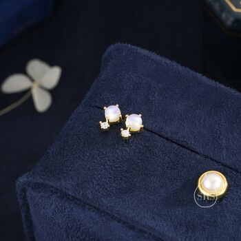 Sterling Silver Tiny Cz And Moonstone Stud Earrings, 3 of 11