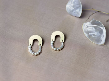 Brushed Gold Half Moon Natural Pearl Drop Earrings, 4 of 4