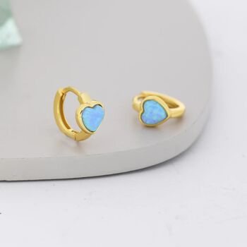Blue Opal Heart Huggie Hoop Earrings Sterling Silver, 4 of 12