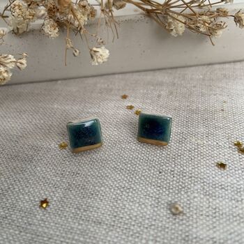 Green Blue Gold Detail Crackle Glaze Square Studs, 3 of 10