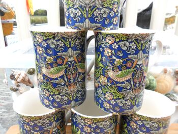 Set Of Six Straight Mugs In Blue Strawberry Thief Design, 6 of 10