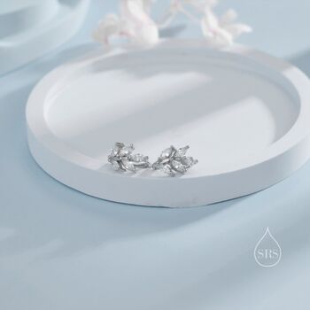 Sterling Silver Cz Leaf Huggie Hoop Earrings, 2 of 11