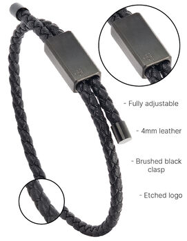 Men's Black Leather Bracelet With Adjustable Fit And Single Clasp, Artisan Jewellery, 5 of 6