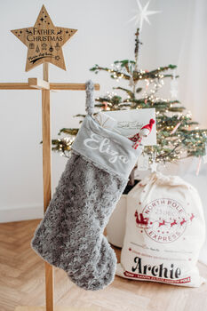 Personalised Christmas Stocking In Plush Red Or Grey, 2 of 11