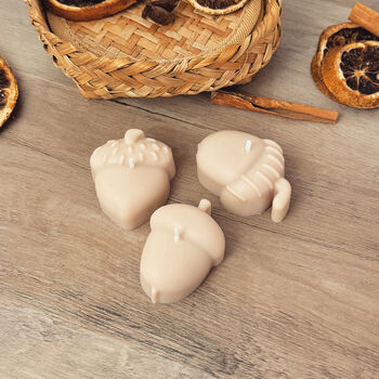Set Of Three Beige Acorn Shaped Autumn Candles, 10 of 10