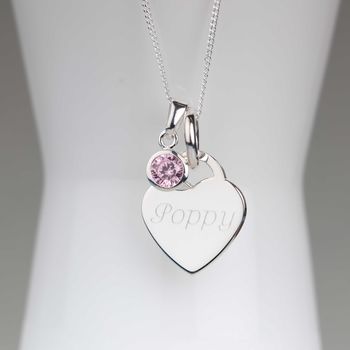Engraved Silver Heart Necklace With Birthstone, 2 of 6