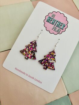 Purple And Gold Christmas Tree Glitter Earrings / Stocking Filler / Santa Present, 5 of 10