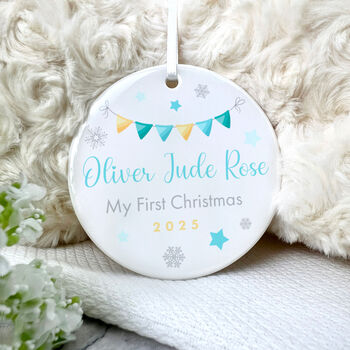 My First Christmas Baby Boy Garland Ceramic Disc Hanging Decoration Bauble + Gift Box, 3 of 6