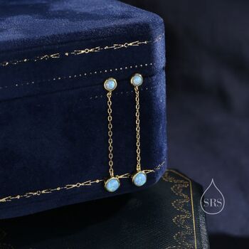 Double Blue Opal Dangle Chain Stud Earrings, 4 of 11