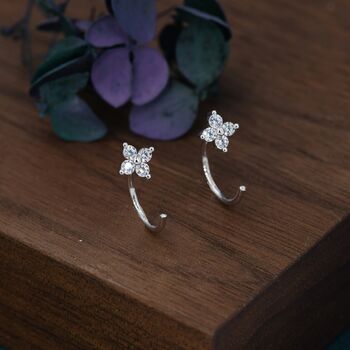 Cz Hydrangea Flower Huggie Hoop Earrings In Sterling Silver, 5 of 12