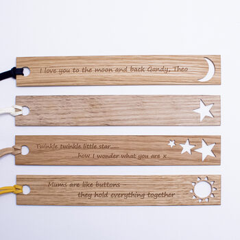 Personalised Gift Oak Bookmark Sun, Stars And The Moon, 6 of 8