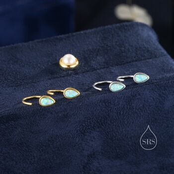 Sterling Silver Aqua Green Droplet Opal Huggie Hoop Earrings, 2 of 10