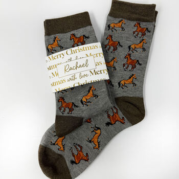Personalised Christmas Horse Bamboo Socks With Gold Foil Label, 3 of 9