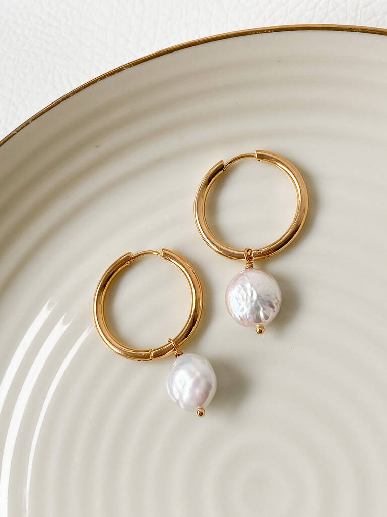 18k Gold Pearl Coin Hoop Earrings By Grey Collective ...