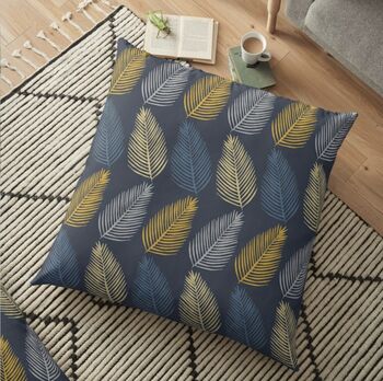 Blue Grey And Mustard Leaf Cushion, 2 of 2