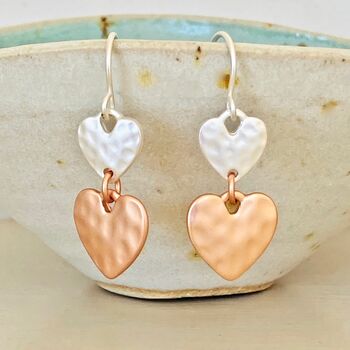 Silver Plated Double Heart Rose Gold Earrings, 2 of 5