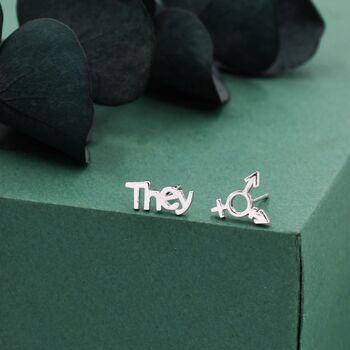 Sterling Silver 'They' Pronoun And Transgender Symbol Mismatched Earrings, 4 of 12
