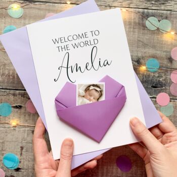 Welcome To The World New Baby Card: Handmade Origami Heart Keepsake Gift, Baby Boy, Baby Girl, Twins, 2 of 8