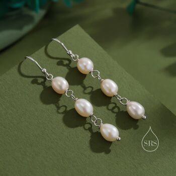 Oval Pearl Trio Drop Hook Earrings, 3 of 10