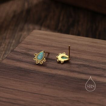 Sterling Silver Droplet Green Opal Crown Stud Earrings, 2 of 10