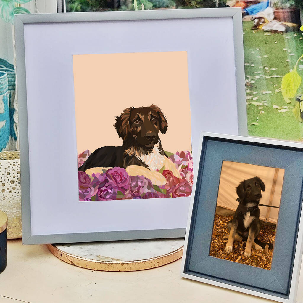 Pet Portrait With Flowers Custom Personalised Cat Dog, 1 of 5