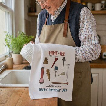 Personalised Nine Tee Tea Towel 90th Birthday Gift For Golfers, 8 of 9