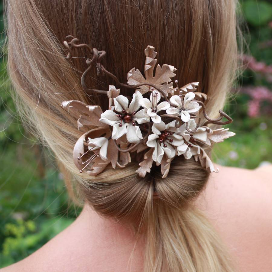 burnished bronze leather floral bridal comb by tanglefrost