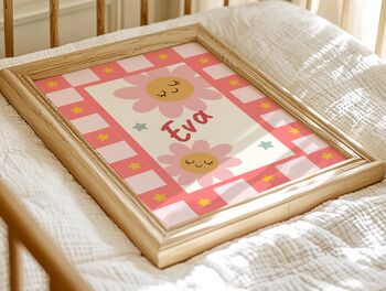 Personalised Daisy Pink And Pastel Red Wall Print, 3 of 4