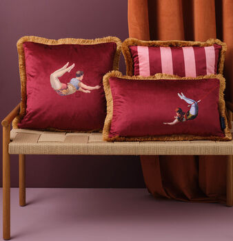 Trapeze Boy Double Sided Velvet Cushion Deep Berry Red And Stripes, 3 of 6