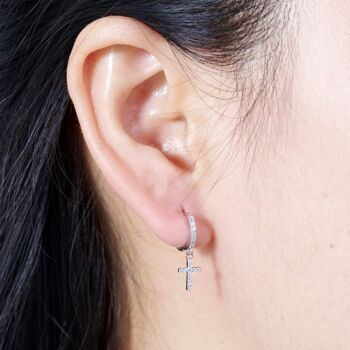 Cross Hoop Earrings Gold Paved Cross Earrings Dainty Hoop Earrings, 7 of 8