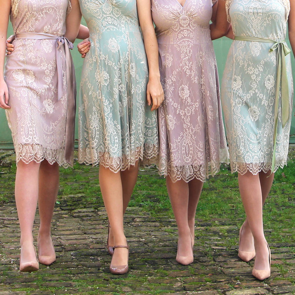 Bespoke Bridesmaid Dresses In Platinum And Powder Lace, 1 of 10