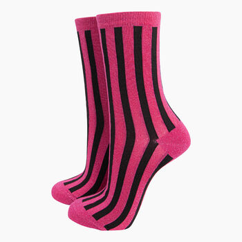 Women's Glitter Socks Hot Pink Black Stripes, 3 of 4