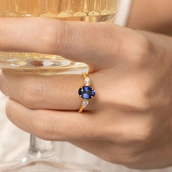 Blue Sapphire Oval Cut Three Stone Engagement Ring In Sterling Silver, 7 of 12