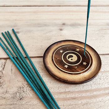 Round Mango Wood Incense Cone Stick Holder Ash Catcher, 6 of 7