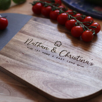 Personalised First Home Wood And Slate Chopping Board, 3 of 5
