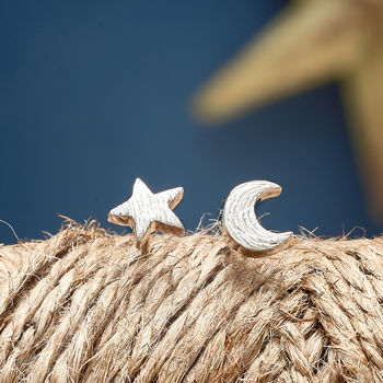 Twilight Textured Moon And Star Mismatched Silver Studs, 2 of 8