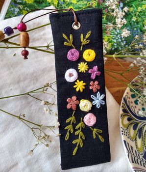 Hand Embroidered Flower On Linen Bookmark, 8 of 11