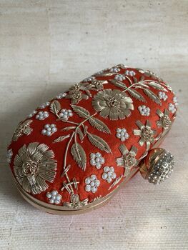 Orange Raw Silk Oval Pearl Clutch Bag, 5 of 10