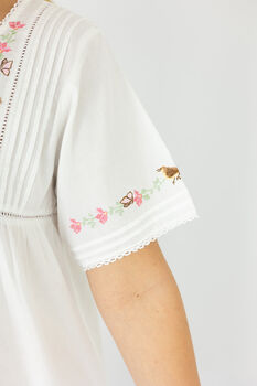 Women's White Cotton Bird And Flower Embroidered Nightdress, 6 of 7