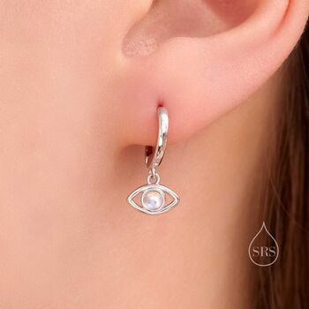 Sterling Silver Moonstone Evil Eye Huggie Hoop Earrings, 6 of 10