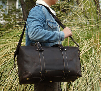 Genuine Leather Weekend Bag With Leather Straps Detail, 9 of 11