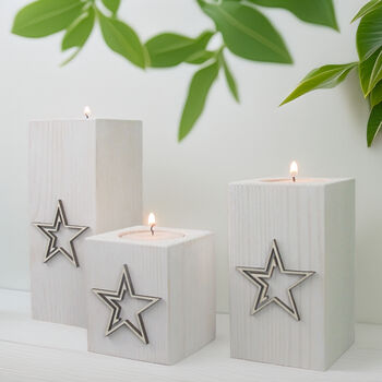 Trio Of Wooden Tea Light Holders Raised Star Design, 11 of 11