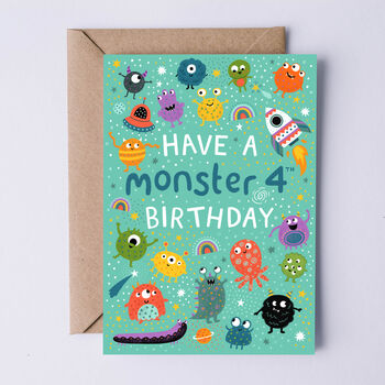 Monster Birthday Card, Boys 4th Birthday Card, Aliens, 2 of 3