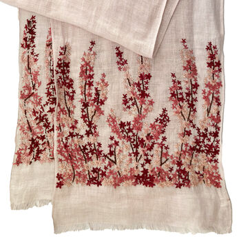 Hand Embroidered 100% Linen Scarf In Light Pink Meadow Floral, 3 of 5