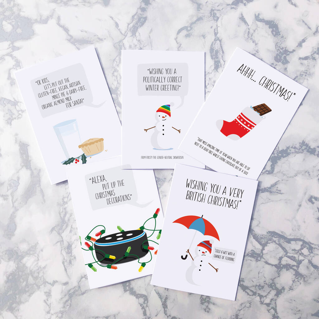 Funny Christmas Cards Pack Of 10, Two X Five Designs By PaperJam Print Co.  