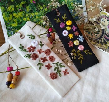 Hand Embroidered Flower On Linen Bookmark, 7 of 11