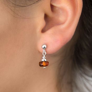 Sterling Silver Delicate Toffee Amber Drop Studs, 2 of 4