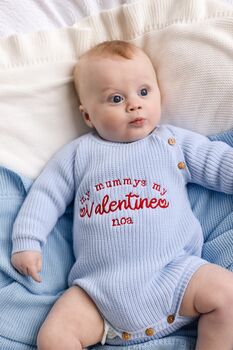 My Mummy's My Valentine Embroidered Personalised New Baby Romper In Four Colours, 2 of 12